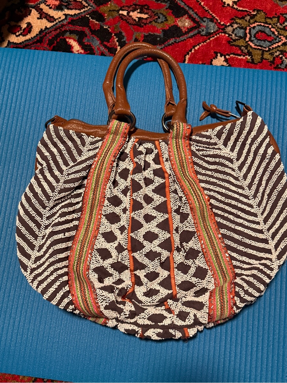 Anthropology Lucky Penny Beaded Boho Hobo Bag in Brown, Cream and Tan